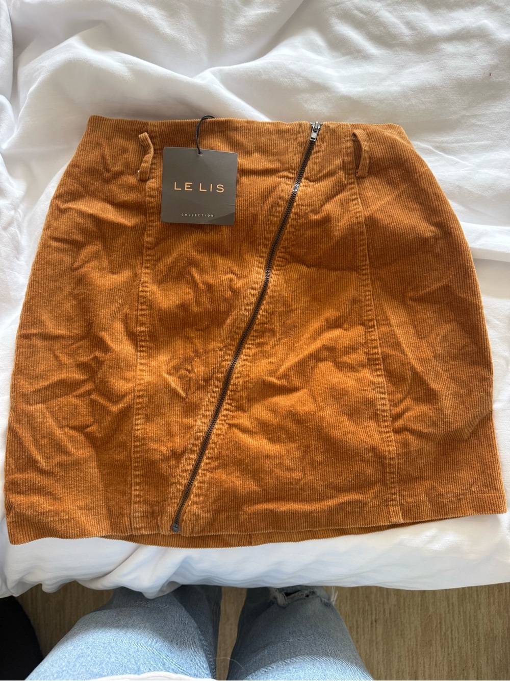 Le Lis Corduroy Mini Skirt in Rust Orange with Asymmetrical Zip